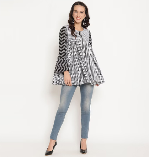 Women Black & White Chevron Print Tunic